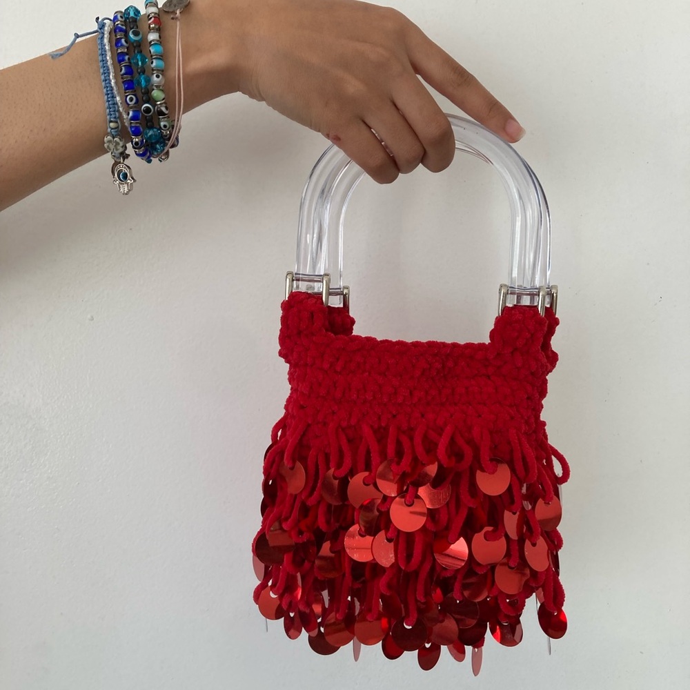Chic Red Sequin Crochet Mini Bag